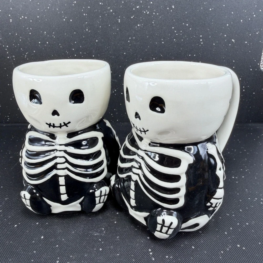 Pottery Barn Skeleton Mugs Set of 2 Black White Ceramic Halloween Coffee Cups